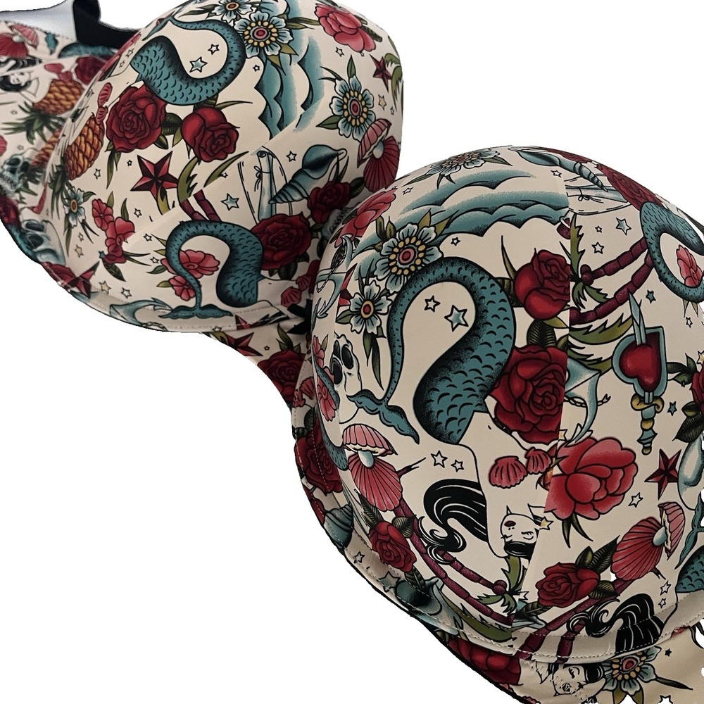 Torrid Curve 40G tattoo pinup girl mermaid rose padded bra